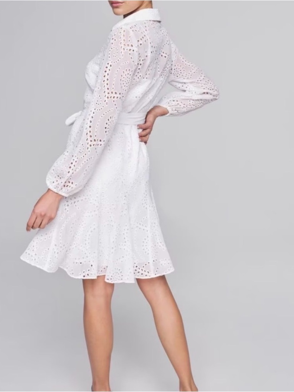 White House Black Market Eyelet Shirt Dress White Size 4 Long Sleeve Tie Waist - Picture 2 of 10